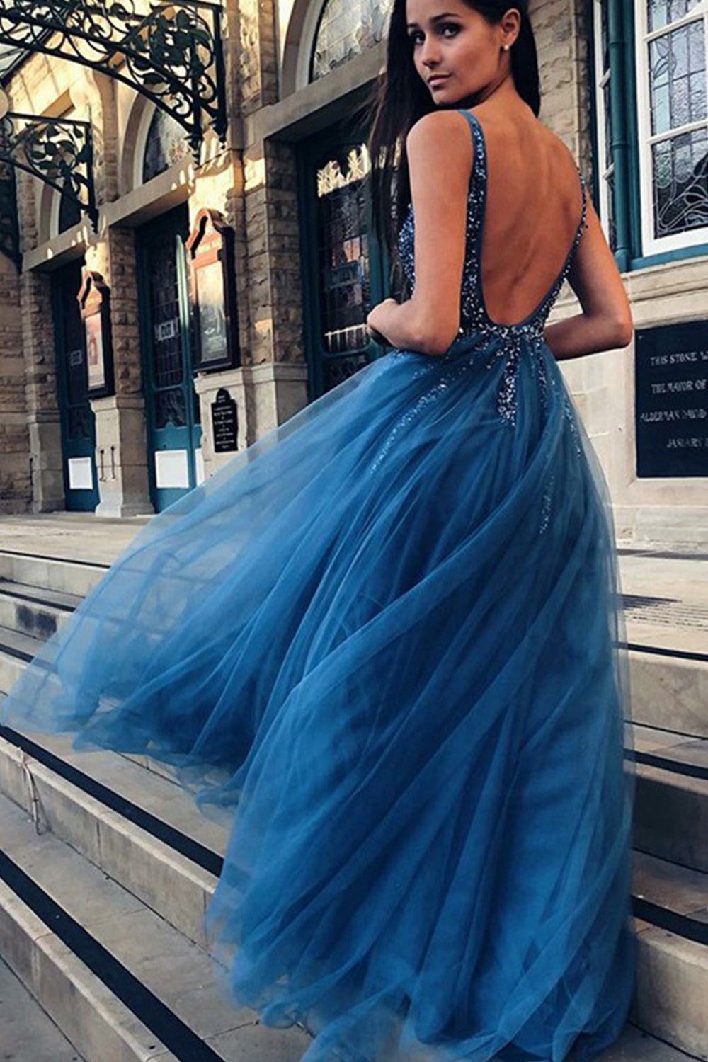 MACloth Träger V-Ausschnitt mit Perlenbesatz Langes Ballkleid Dunkelmarineblaues formelles Abendkleid