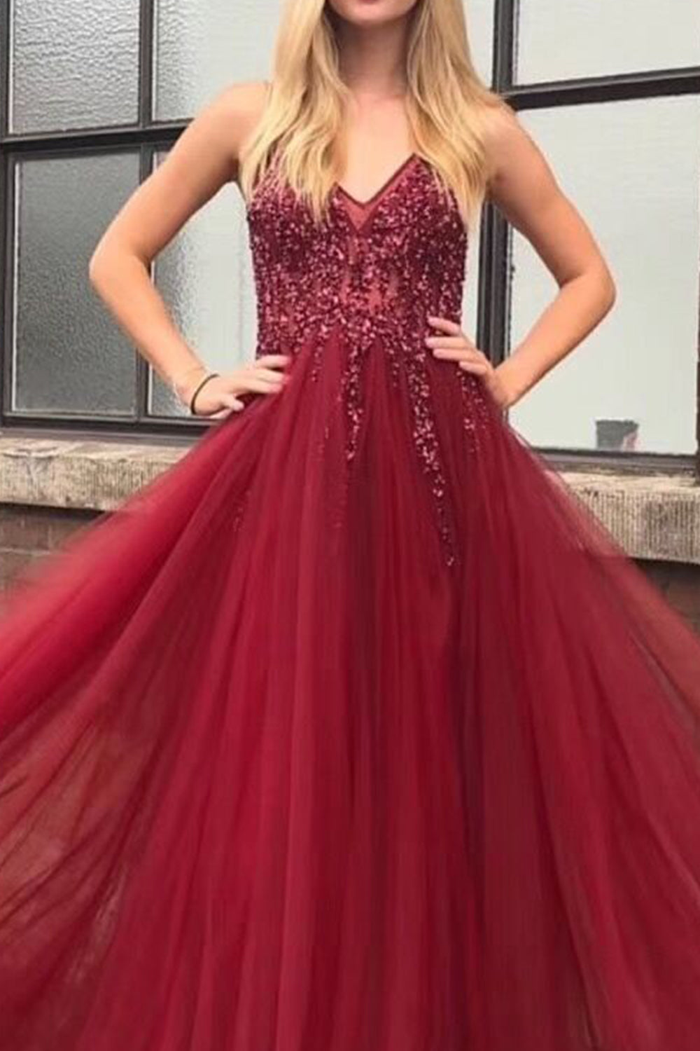 MACloth Träger V-Ausschnitt mit Perlenbesatz Langes Ballkleid Dunkelmarineblaues formelles Abendkleid