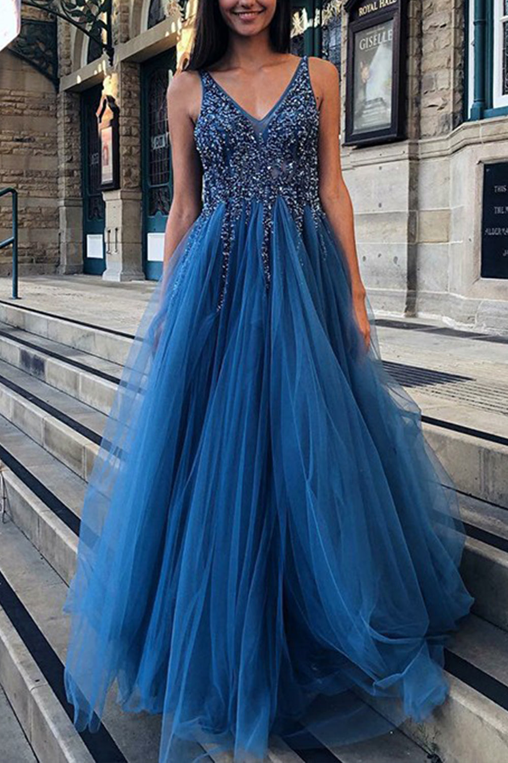 MACloth Träger V-Ausschnitt mit Perlenbesatz Langes Ballkleid Dunkelmarineblaues formelles Abendkleid