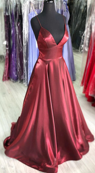 MACloth Spaghetti Straps V Neck Long Prom Dress Burgundy Formal Evening Gown