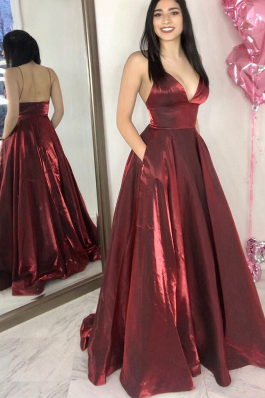 Vestido de fiesta largo con escote en V y tirantes finos de MACloth, vestido de noche formal color burdeos