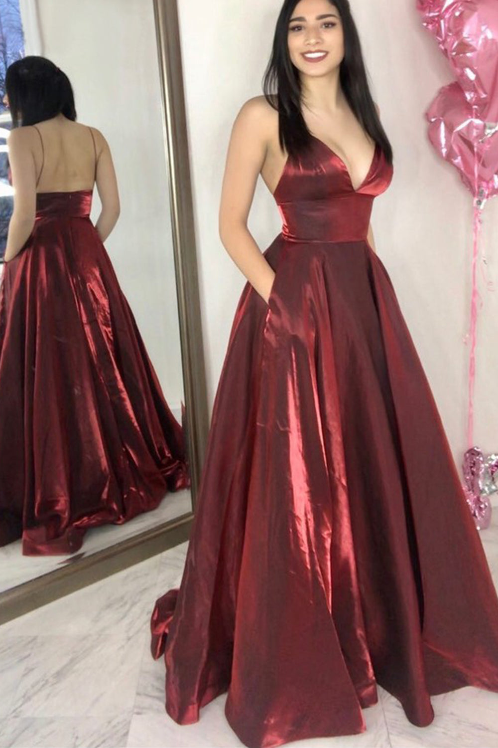 Vestido de fiesta largo con escote en V y tirantes finos de MACloth, vestido de noche formal color burdeos