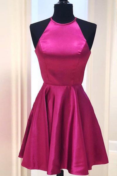 MACloth Halter O Neck Satin Mini Prom Homecoming Dress Red Cocktail Dress
