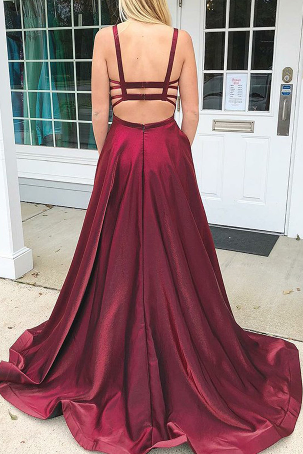 MACloth Träger U-Ausschnitt Satin Langes Ballkleid Burgunderrot Formales Abendkleid