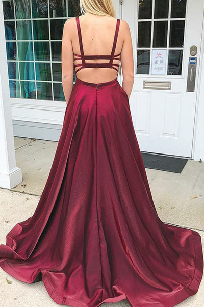 MACloth Straps Scoop Neck Satin Long Prom Dress Burgundy Formal Evening Gown