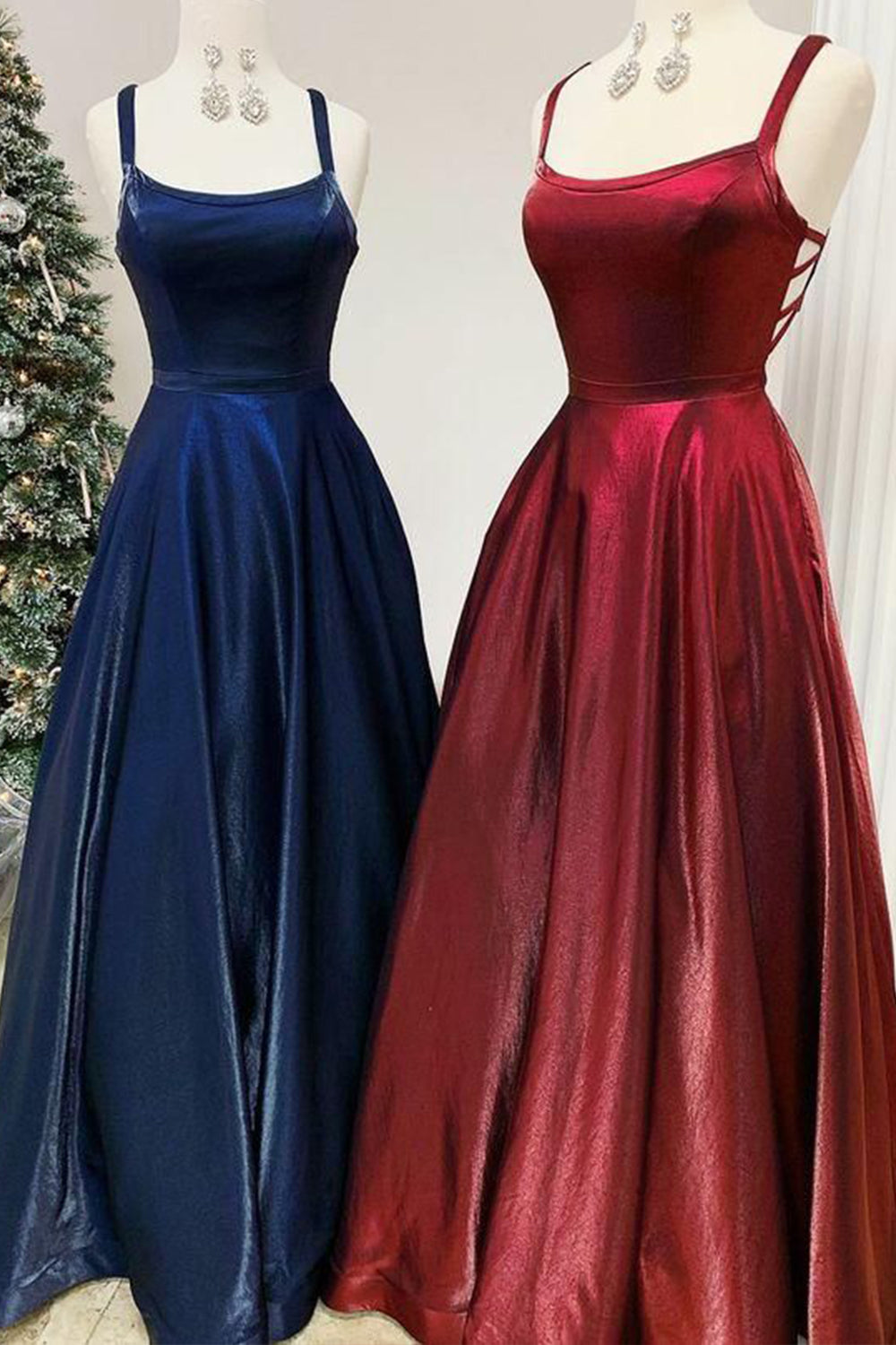 MACloth Träger U-Ausschnitt Satin Langes Ballkleid Burgunderrot Formales Abendkleid