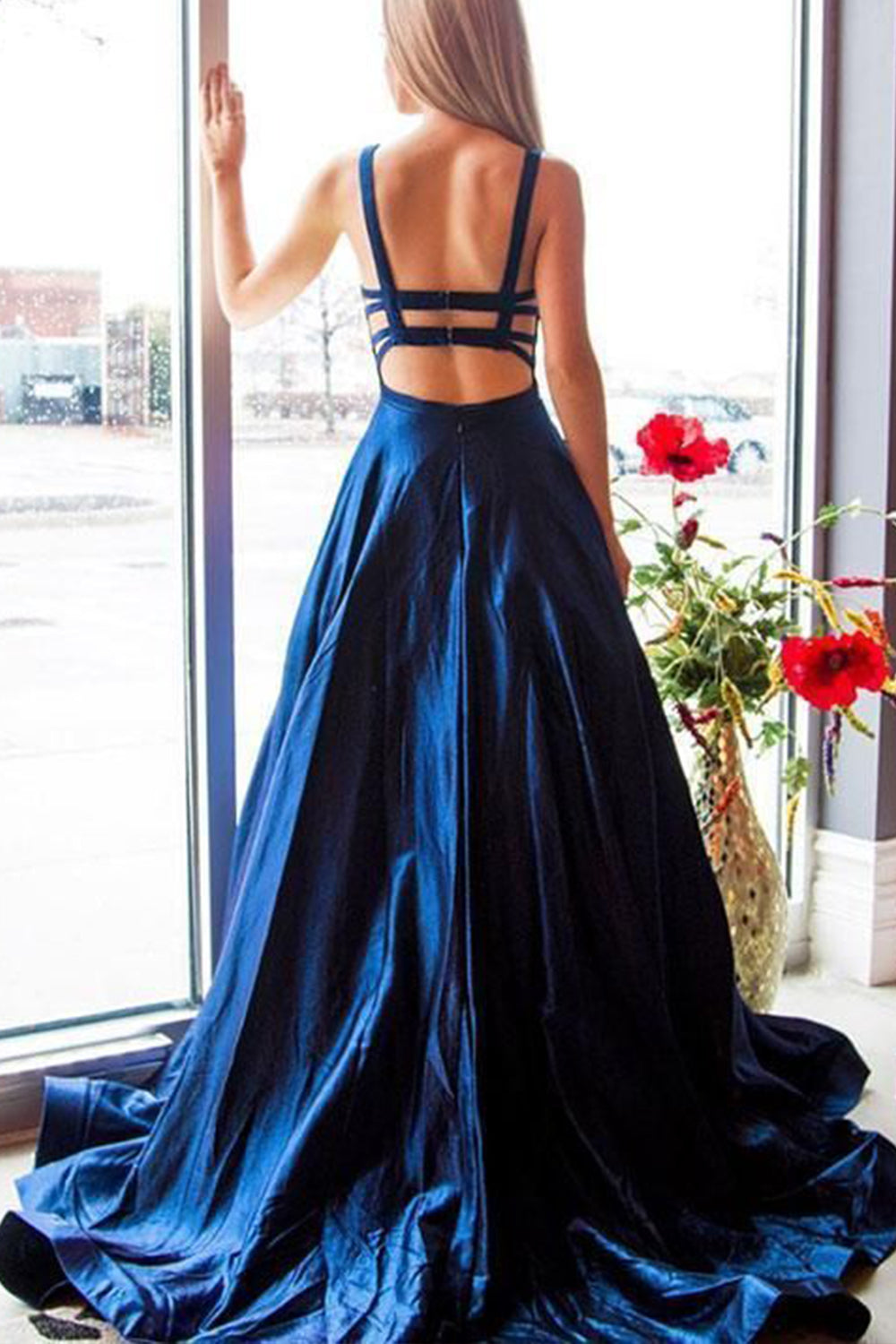 MACloth Träger U-Ausschnitt Satin Langes Ballkleid Burgunderrot Formales Abendkleid