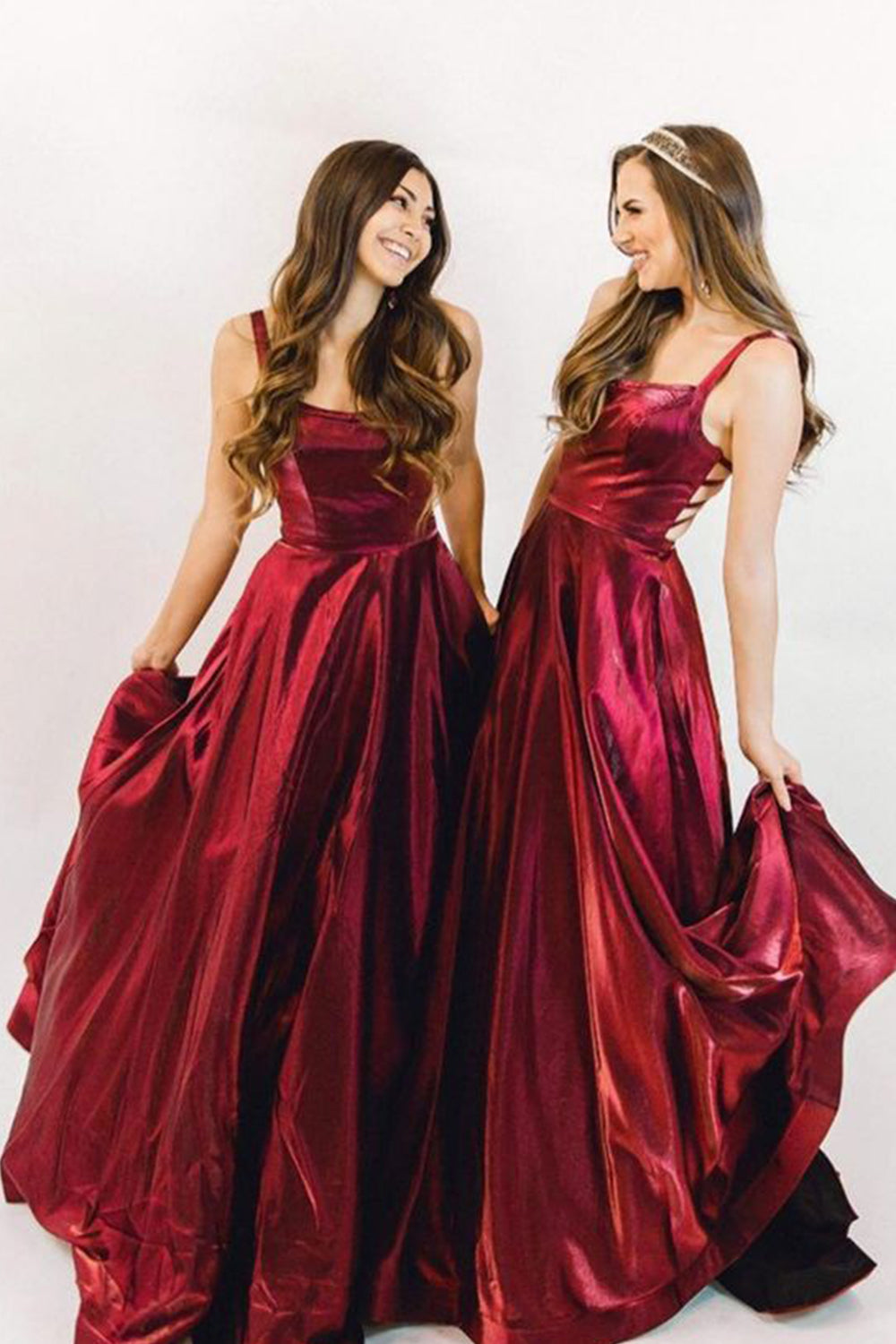 MACloth Träger U-Ausschnitt Satin Langes Ballkleid Burgunderrot Formales Abendkleid