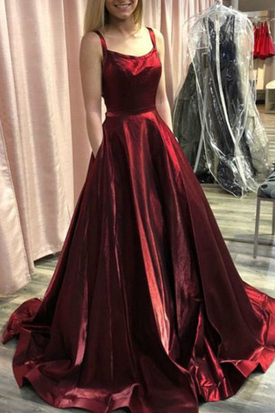 MACloth Straps Scoop Neck Satin Long Prom Dress Burgundy Formal Evening Gown
