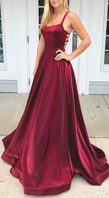MACloth Straps Scoop Neck Satin Long Prom Dress Burgundy Formal Evening Gown