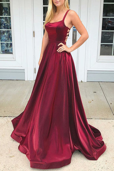 MACloth Straps Scoop Neck Satin Long Prom Dress Burgundy Formal Evening Gown