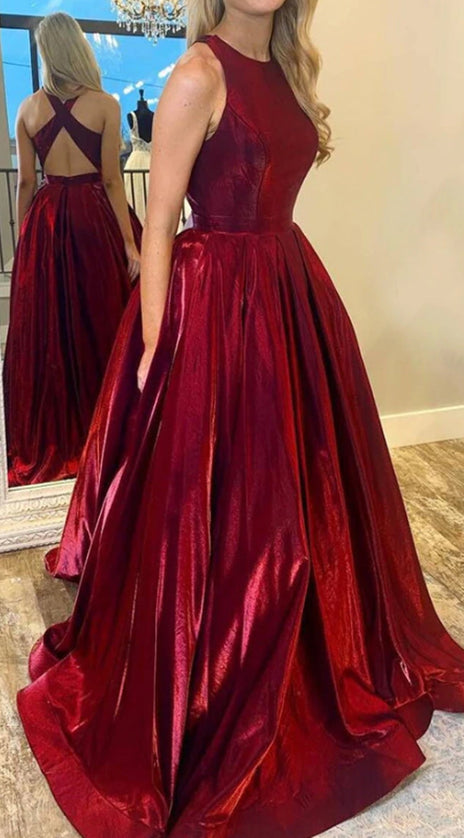 MACloth Halter O Neck Satin Long Prom Dress with Cross Back Burgundy Formal Evening Gown