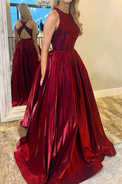 MACloth Halter O Neck Satin Long Prom Dress with Cross Back Burgundy Formal Evening Gown