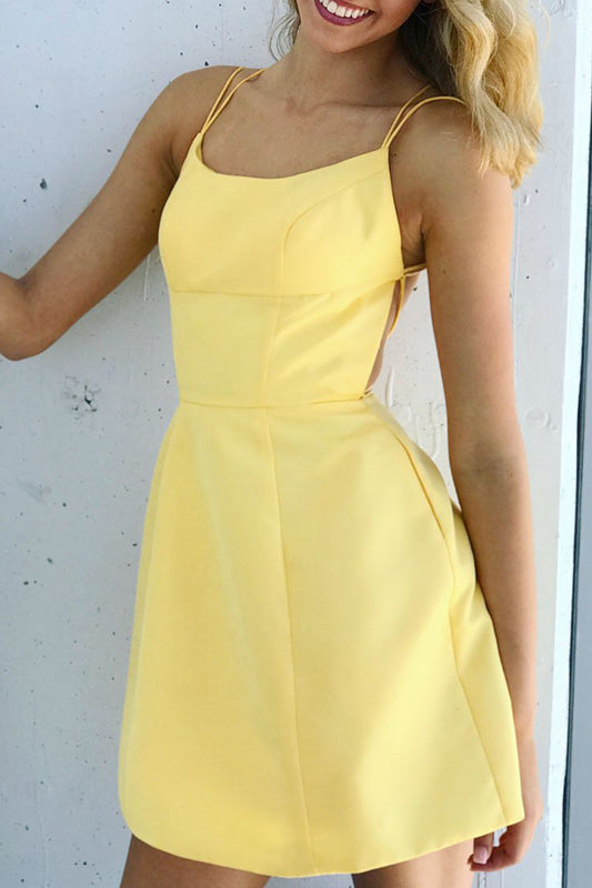 MACloth Spaghetti Straps Scoop Neck Mini Prom Homecoming Dress Yellow Cocktail Party Dress