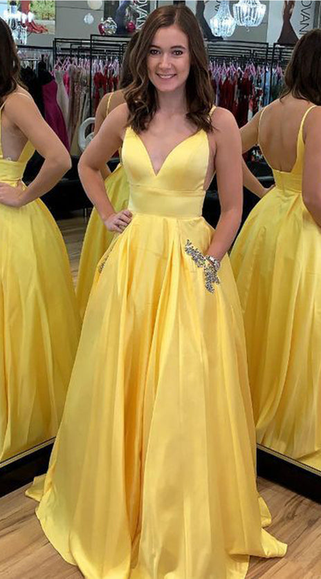 MACloth Straps V Neck Ball Gown Prom Dress with Pocket Yellow Formal Evening Gown