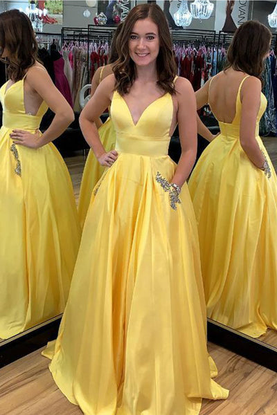 MACloth Straps V Neck Ball Gown Prom Dress with Pocket Yellow Formal Evening Gown