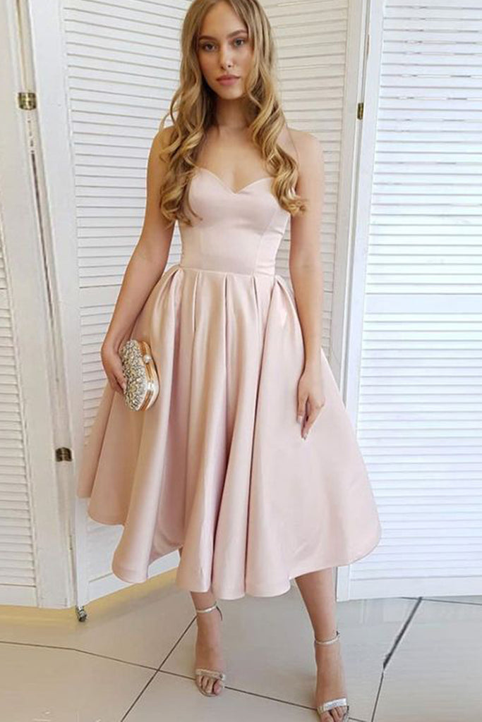 MACloth Strapless Sweetheart Midi Prom Homecoming Dress Pale Pink Wedding Party Dress