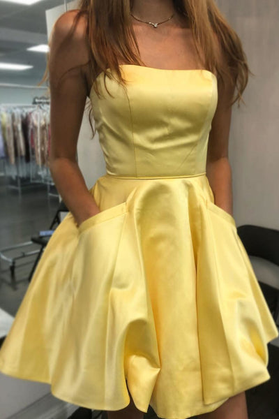 MACloth Strapless Mini Short Prom Homecoming Dress Yellow Wedding Party Dress with Pocket