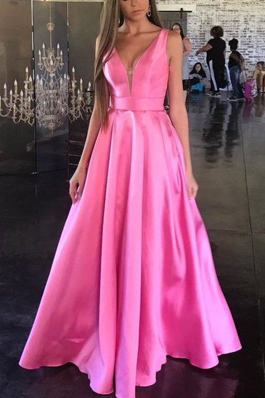 MACloth Straps V Neck Satin Hot Pink Prom Dress Blue Formal Evening Gown