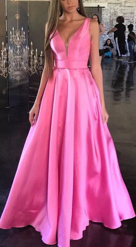 MACloth Straps V Neck Satin Hot Pink Prom Dress Blue Formal Evening Gown