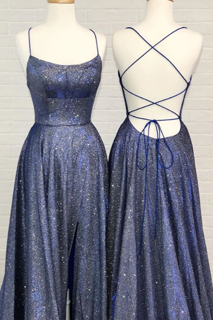 Vestido de fiesta largo con escote redondo y tirantes finos de MACloth, vestido de noche formal azul marino