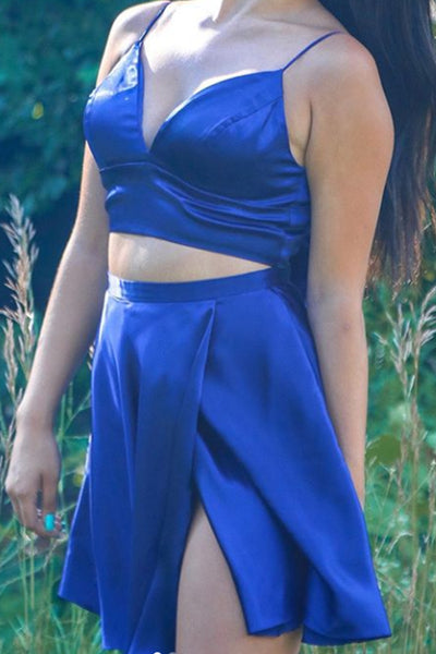 MACloth Straps V neck Two Piece Mini Prom Homecoming Dress Red Cocktail Dress
