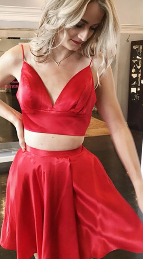MACloth Straps V neck Two Piece Mini Prom Homecoming Dress Red Cocktail Dress