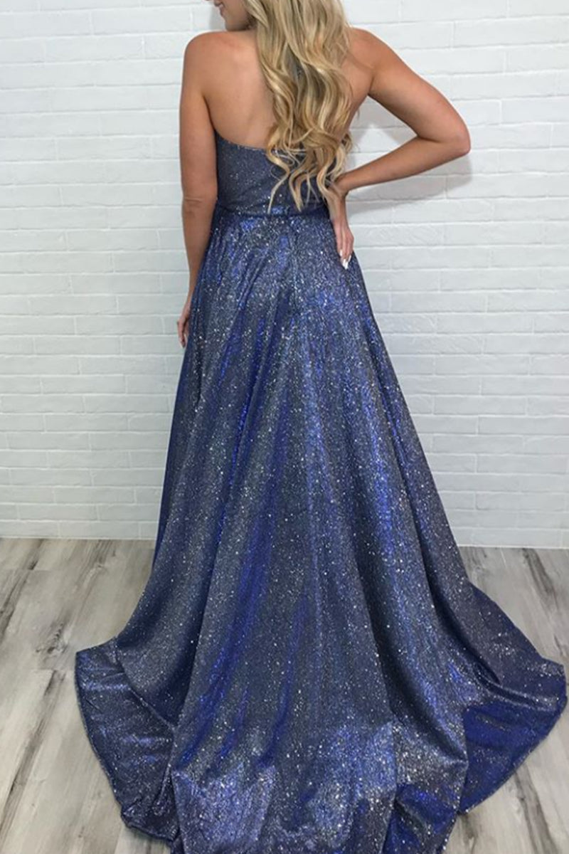 MACloth Träger V-Ausschnitt Langes Ballkleid Fuchsia Silber Formales Abendkleid mit Schlitz