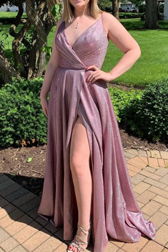 MACloth Träger V-Ausschnitt Langes Ballkleid Fuchsia Silber Formales Abendkleid mit Schlitz