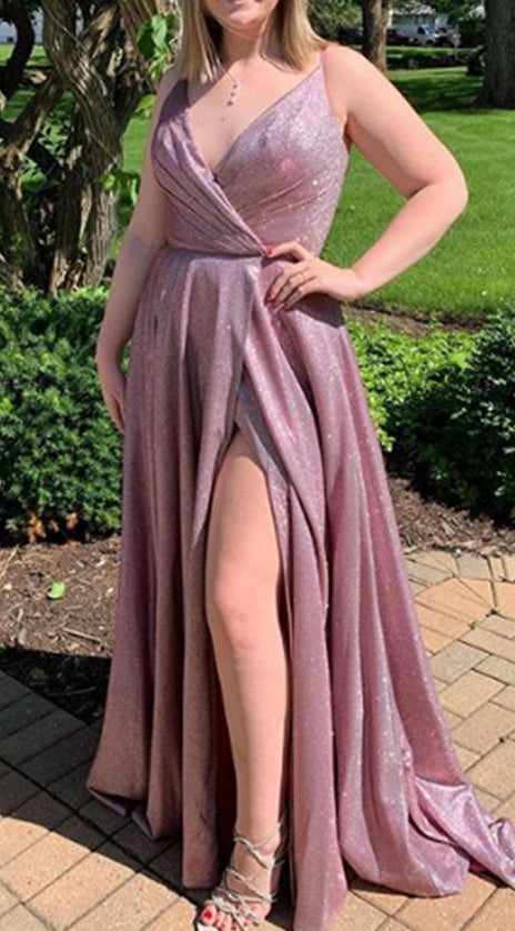 MACloth Straps V Neck Long Prom Dress Fuchsia Silver Formal Evening Gown with Slit