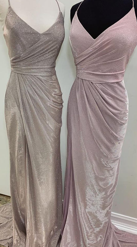MACloth Straps V Neck Mermaid Long Prom Dress Pink Silver Formal Evening Gown