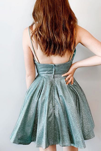 MACloth Spaghetti Straps V Neck Mini Prom Homecoming Dress Aqua Silver Cocktail Dress