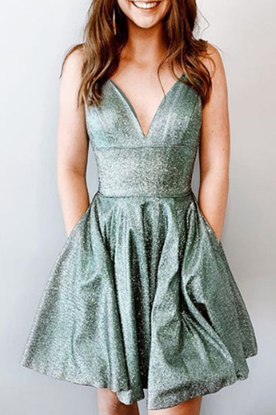 MACloth Spaghetti Straps V Neck Mini Prom Homecoming Dress Aqua Silver Cocktail Dress