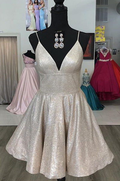 MACloth Spaghetti Straps V Neck Mini Prom Homecoming Dress Aqua Silver Cocktail Dress