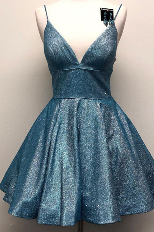 MACloth Spaghetti Straps V Neck Mini Prom Homecoming Dress Aqua Silver Cocktail Dress