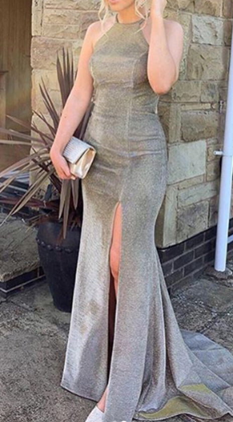 MACloth Mermaid O Neck Prom Dress with Slit Mocha Silver Formal Evening Gown