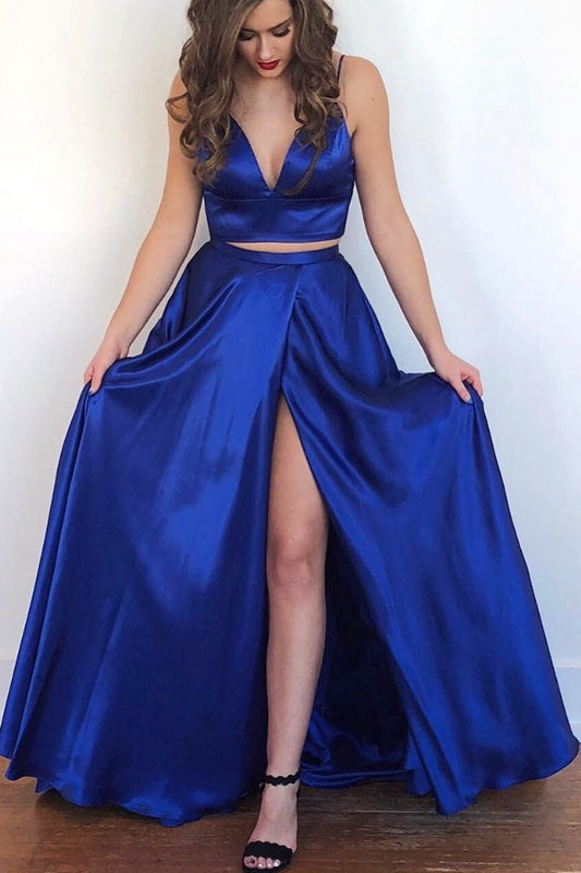 MACloth Straps V neck Two Piece Royal Blue Prom Dress Formal Evening Gown