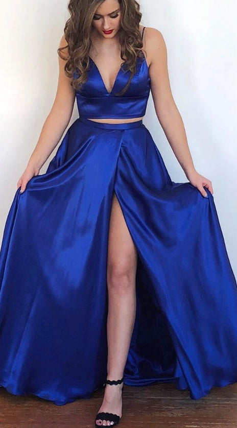 MACloth Straps V neck Two Piece Royal Blue Prom Dress Formal Evening Gown