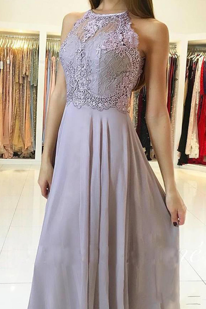 MACloth Halter O Neck Lace Chiffon Long Prom Dress Wisteria Formal Evening Gown