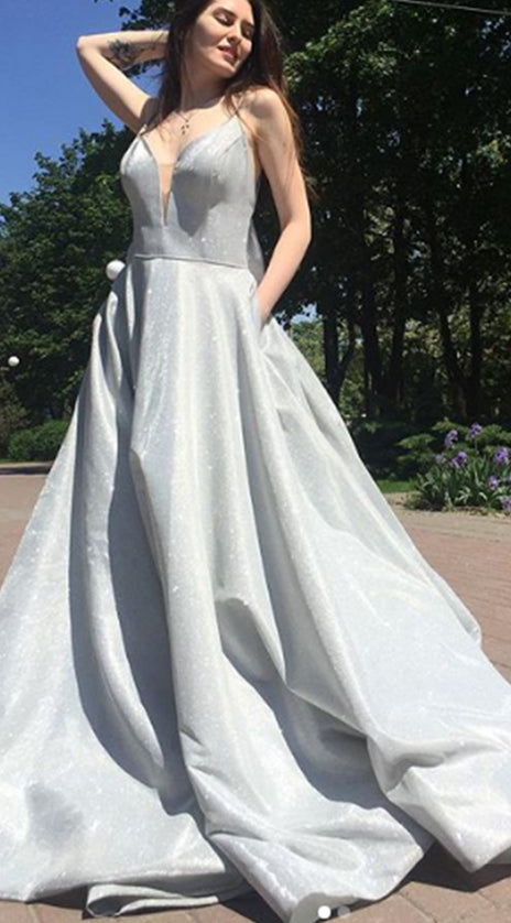 MACloth Straps V Neck Silver Long Prom Dress Formal Evening Gown with Bow