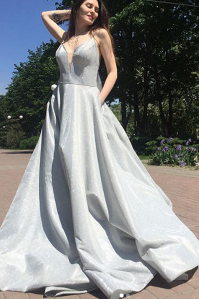 MACloth Straps V Neck Silver Long Prom Dress Formal Evening Gown with Bow