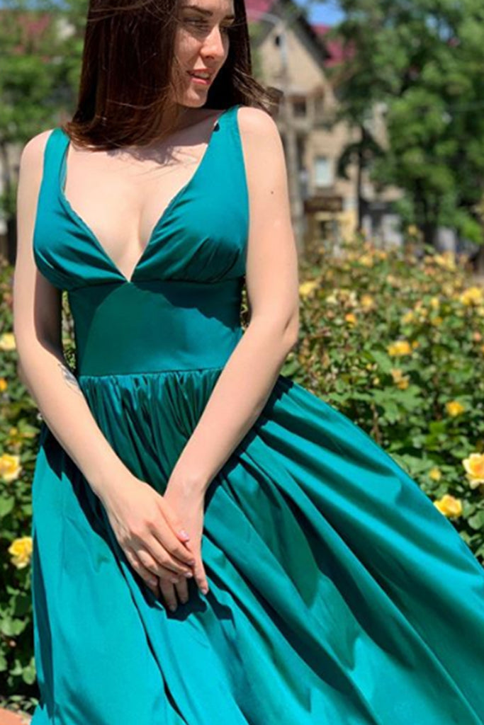 MACloth Straps V Neck Satin Long Prom Dress Teal Formal Evening Gown