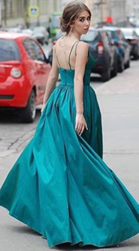 MACloth Straps V Neck Satin Long Prom Dress Teal Formal Evening Gown