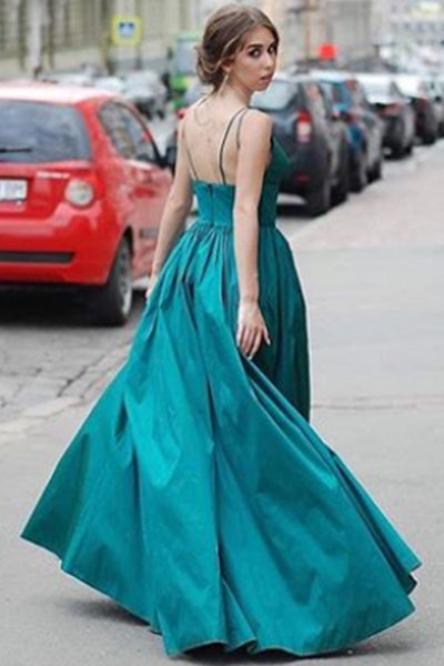 MACloth Straps V Neck Satin Long Prom Dress Teal Formal Evening Gown