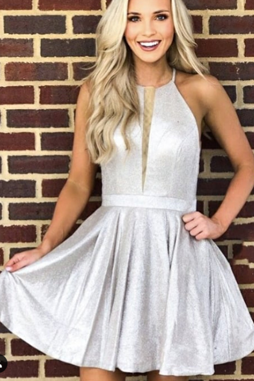 MACloth Halter O Neck Satin Mini Prom Homecoming Dress Mocha Silver Cocktail Dress