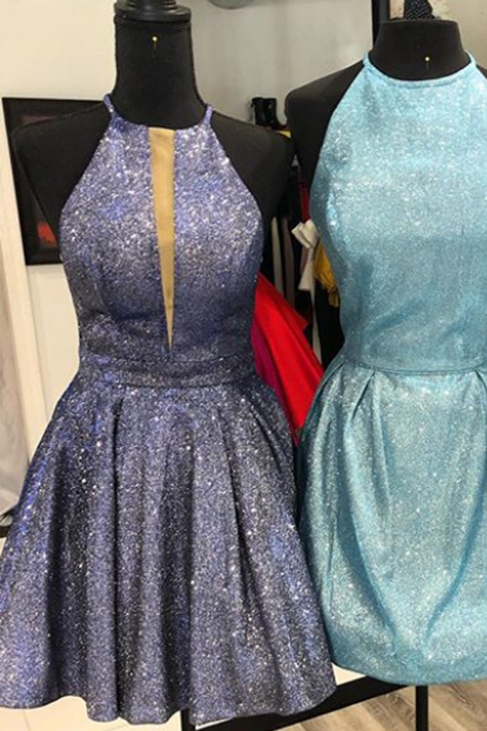 MACloth Halter O Neck Satin Mini Prom Homecoming Dress Mocha Silver Cocktail Dress