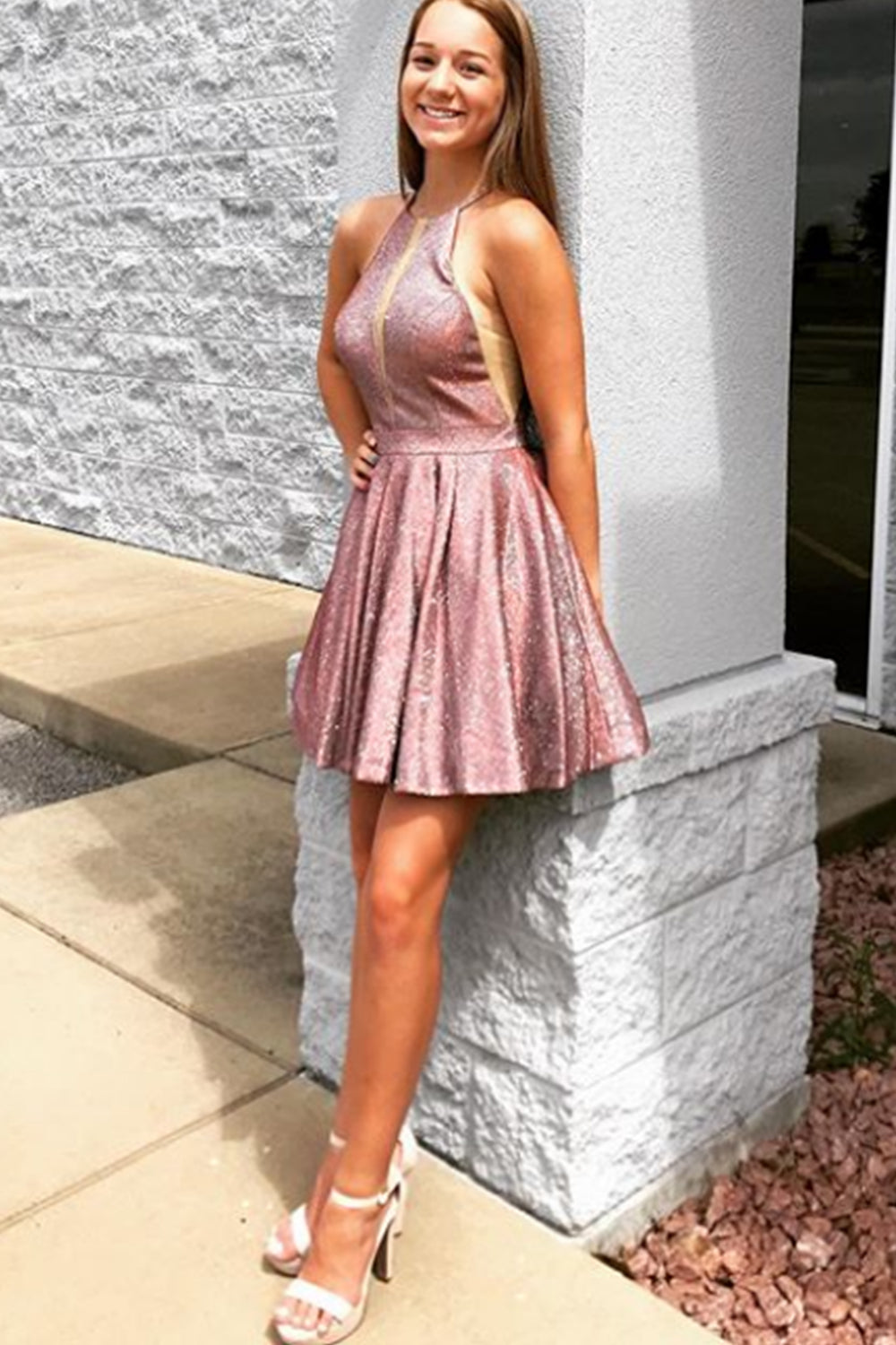 MACloth Halter O Neck Satin Mini Prom Homecoming Dress Mocha Silver Cocktail Dress