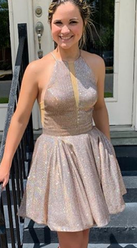 MACloth Halter O Neck Satin Mini Prom Homecoming Dress Mocha Silver Cocktail Dress