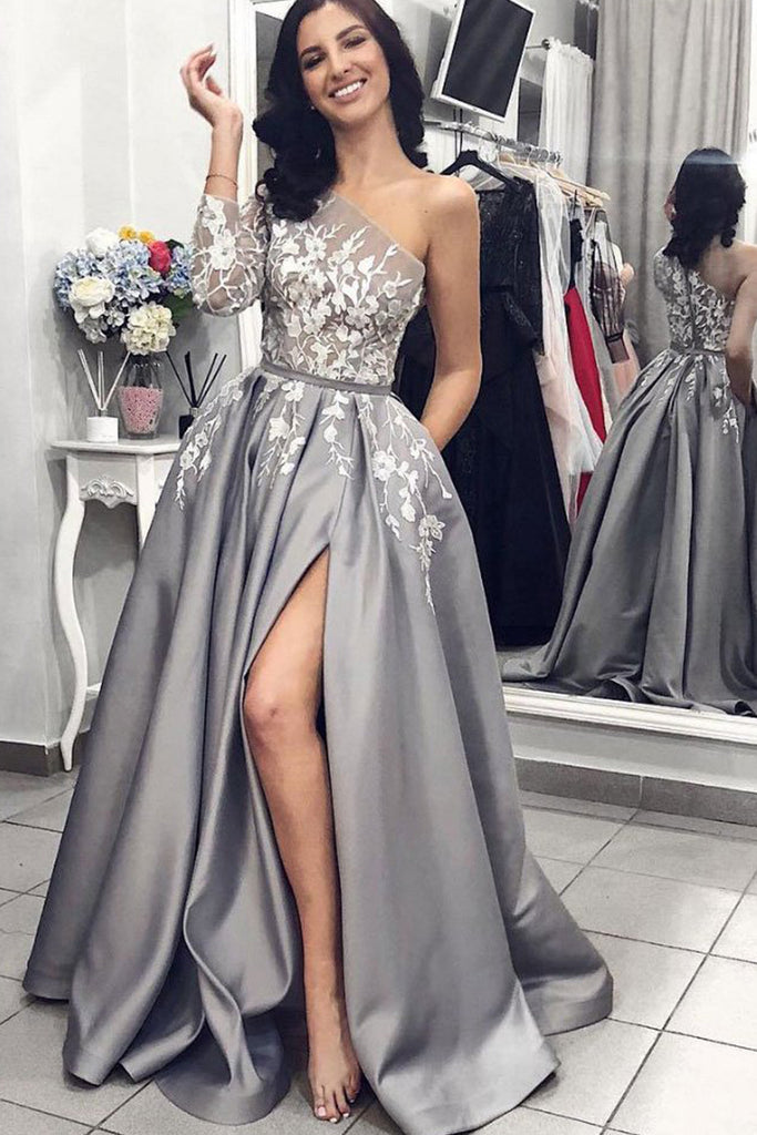 MACloth One Shoulder Long Sleeves Gray Prom Dress Elegant Formal Evening Gown