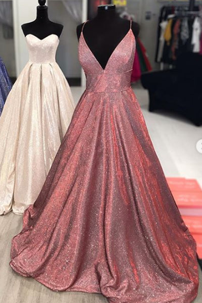 MACloth Spaghetti Straps V Neck Long Prom Dress Mocha Silver Formal Evening Gown